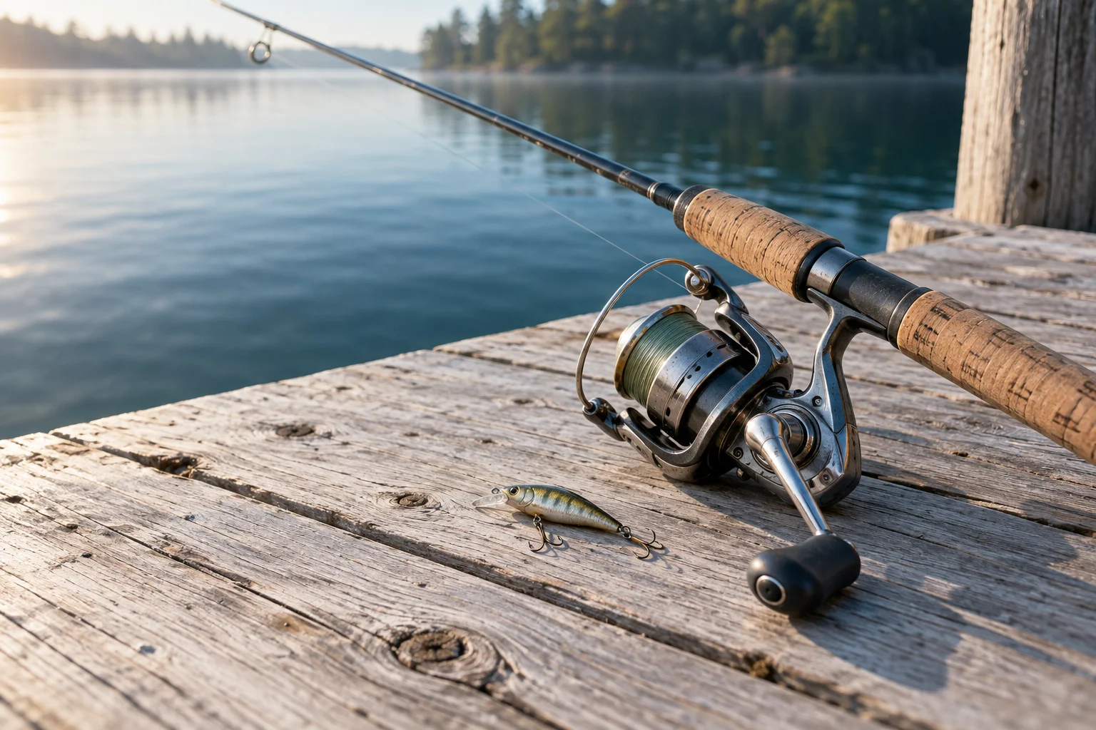 Illustrative fishing rod and reel on a dock
